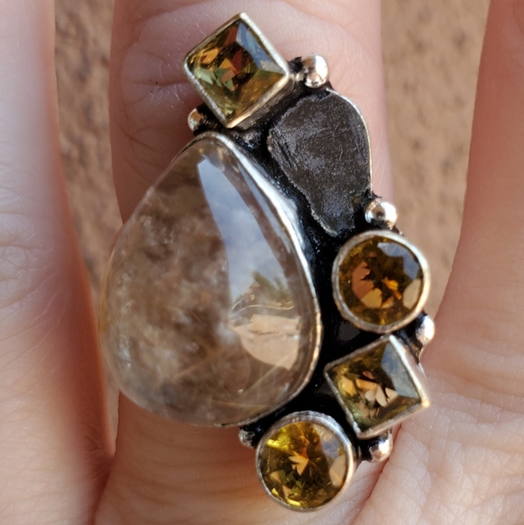 New Golden Rutilated Quartz and Citrine 925 Silver Ring. - Picture 6 of 12